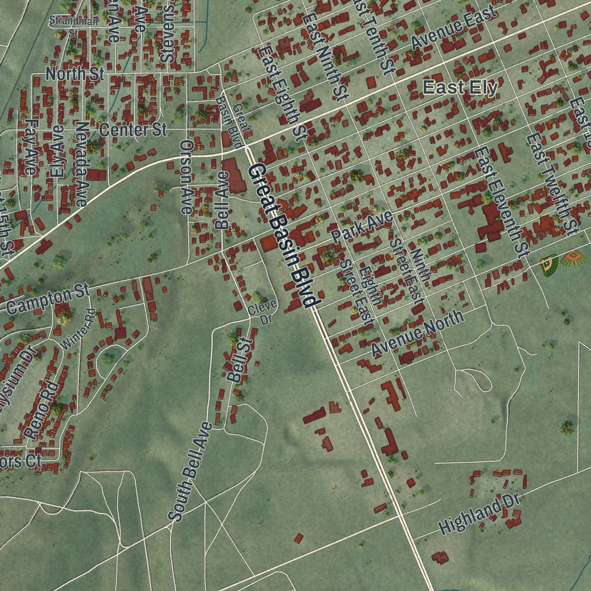 Close-up of the map of Ely, Nevada print showing street and building detail