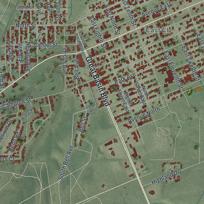 Close-up of the map of Ely, Nevada print showing street and building detail
