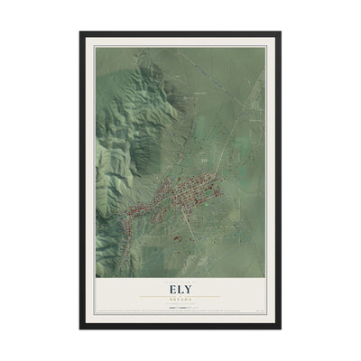 Map of Ely, Nevada, 12 x 18 inch print in a black wood frame