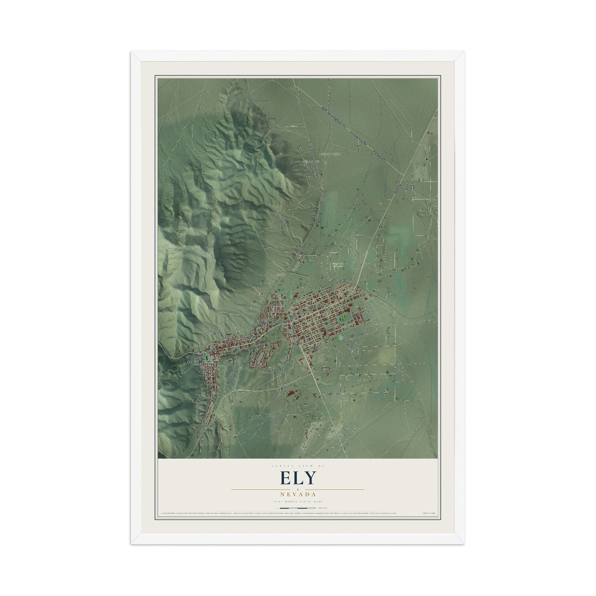 Map of Ely, Nevada, 12 x 18 inch print in a white wood frame