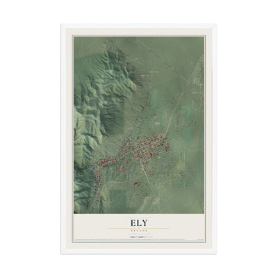 Map of Ely, Nevada, 12 x 18 inch print in a white wood frame