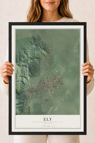 Map of Ely, Nevada, 18 x 24 inch print in a black wood frame