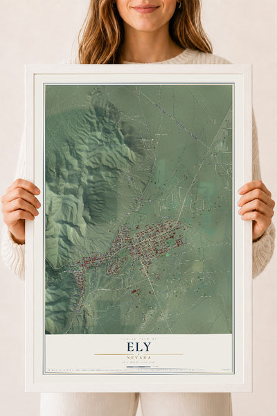 Map of Ely, Nevada, 18 x 24 inch print in a white wood frame