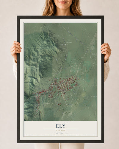 Map of Ely, Nevada, 24 x 36 inch print in a black wood frame