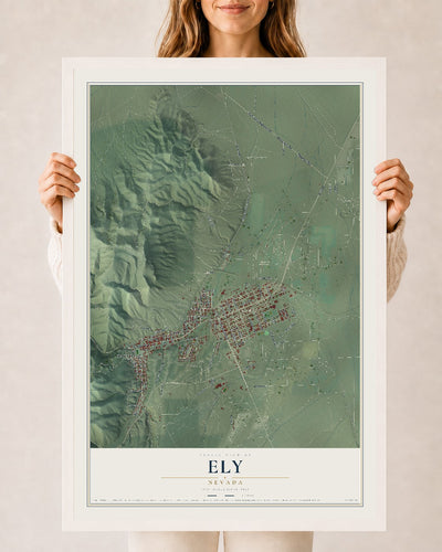 Map of Ely, Nevada, 24 x 36 inch print in a white wood frame
