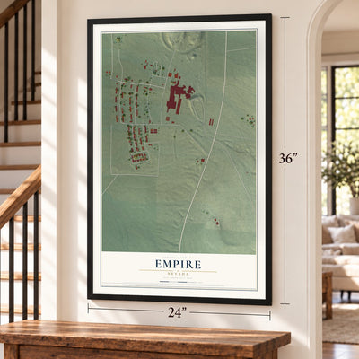 Empire, Nevada map, 24 x 36 inch print in a black frame by a staircase