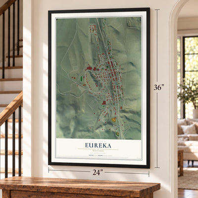 Eureka, Nevada map, 24 x 36 inch print in a black frame by a staircase