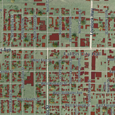 Close-up of the map of Fallon, Nevada print showing street and building detail