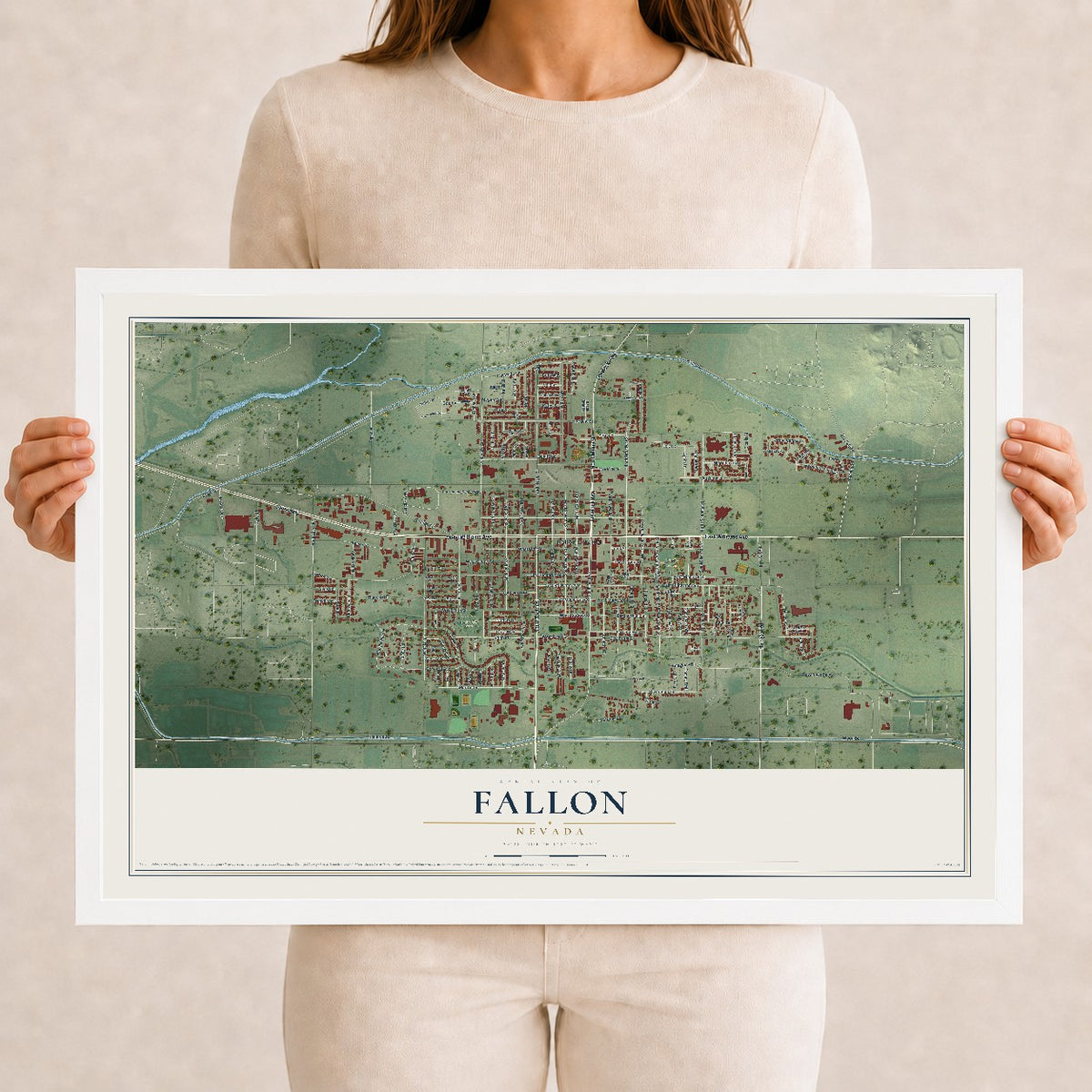 Map of Fallon, Nevada, 12 x 18 inch print in a white wood frame