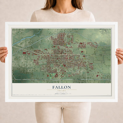 Map of Fallon, Nevada, 18 x 24 inch print in a white wood frame