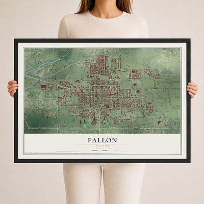 Map of Fallon, Nevada, 24 x 36 inch print in a black wood frame