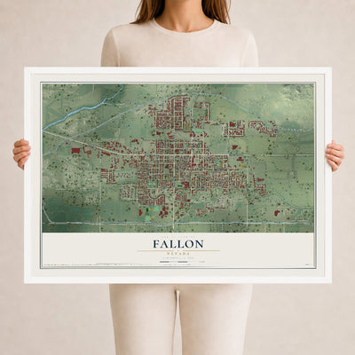 Map of Fallon, Nevada, 24 x 36 inch print in a white wood frame