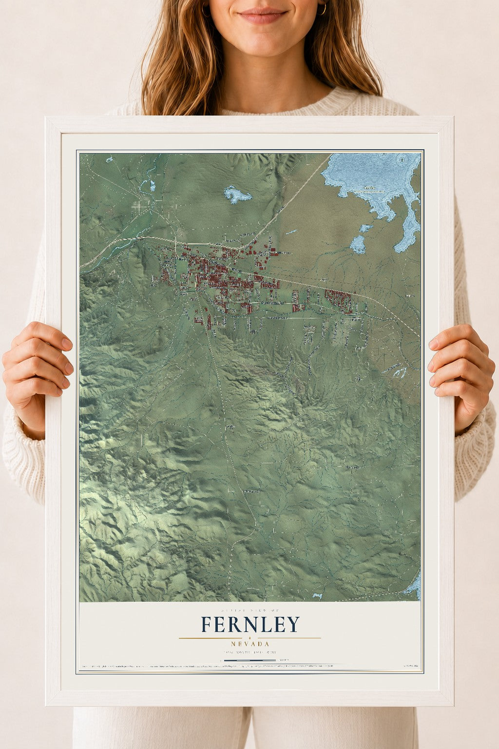 Map of Fernley, Nevada, 18 x 24 inch print in a white wood frame