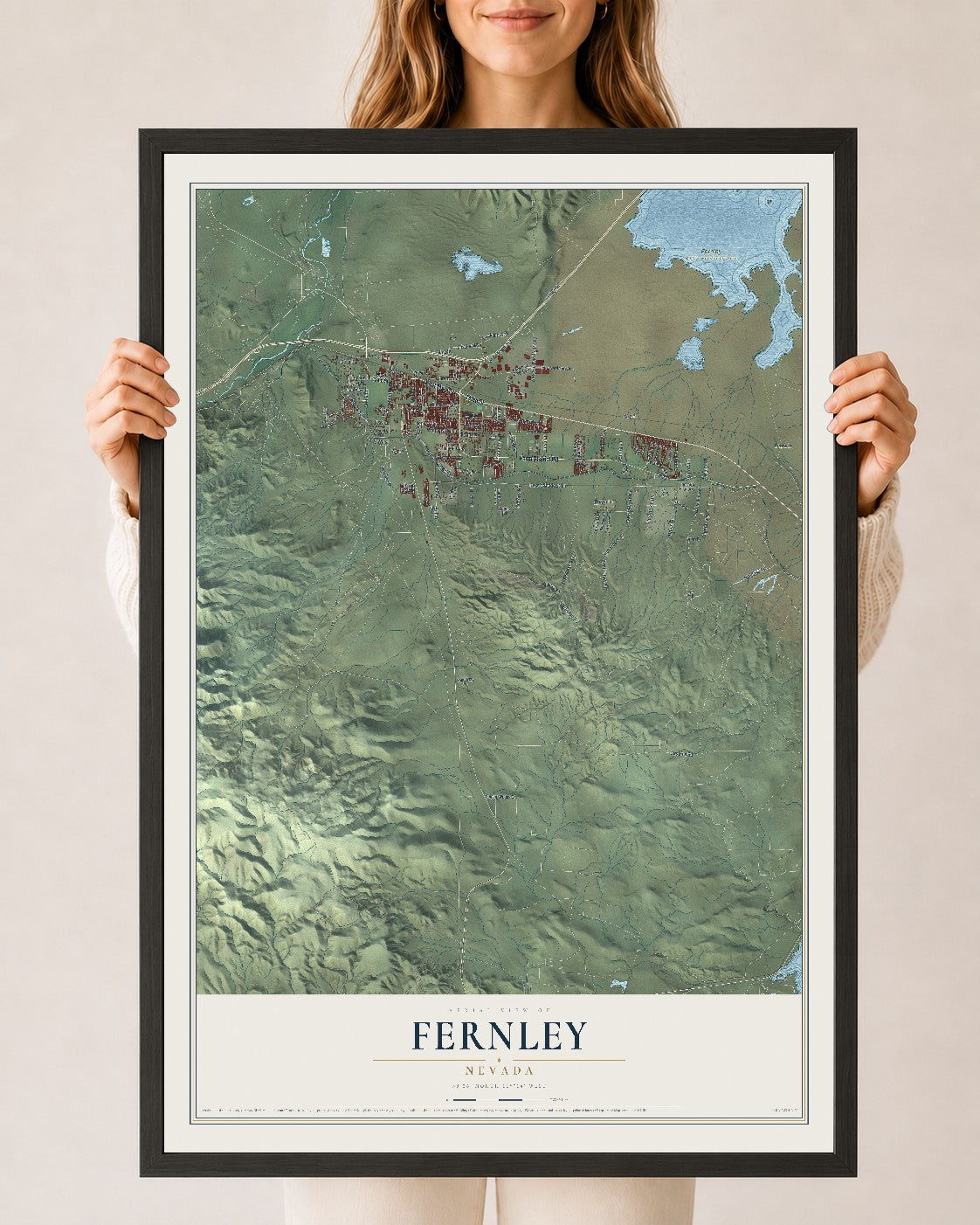 Map of Fernley, Nevada, 24 x 36 inch print in a black wood frame