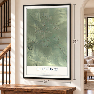 Fish Springs, Nevada map, 24 x 36 inch print in a black frame by a staircase