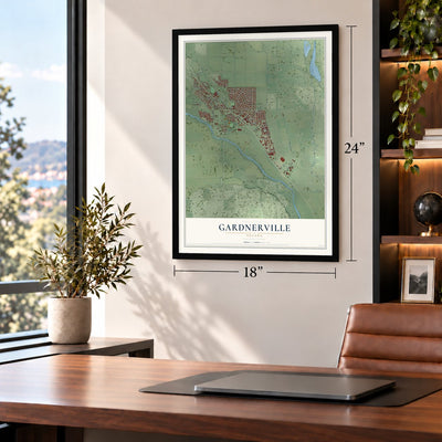 Gardnerville, Nevada map, 18 x 24 inch print in a black frame in a home office