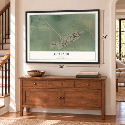 Gerlach, Nevada map, 24 x 36 inch print in a black frame above a dresser by a staircase