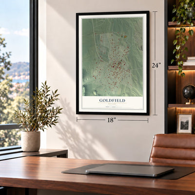 Goldfield, Nevada map, 18 x 24 inch print in a black frame in a home office