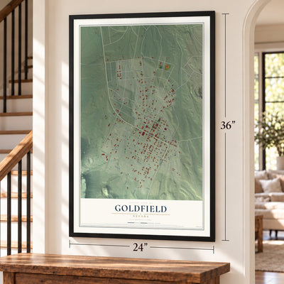 Goldfield, Nevada map, 24 x 36 inch print in a black frame by a staircase