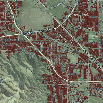 Second close-up of the map of Henderson, Nevada print showing more streets and buildings