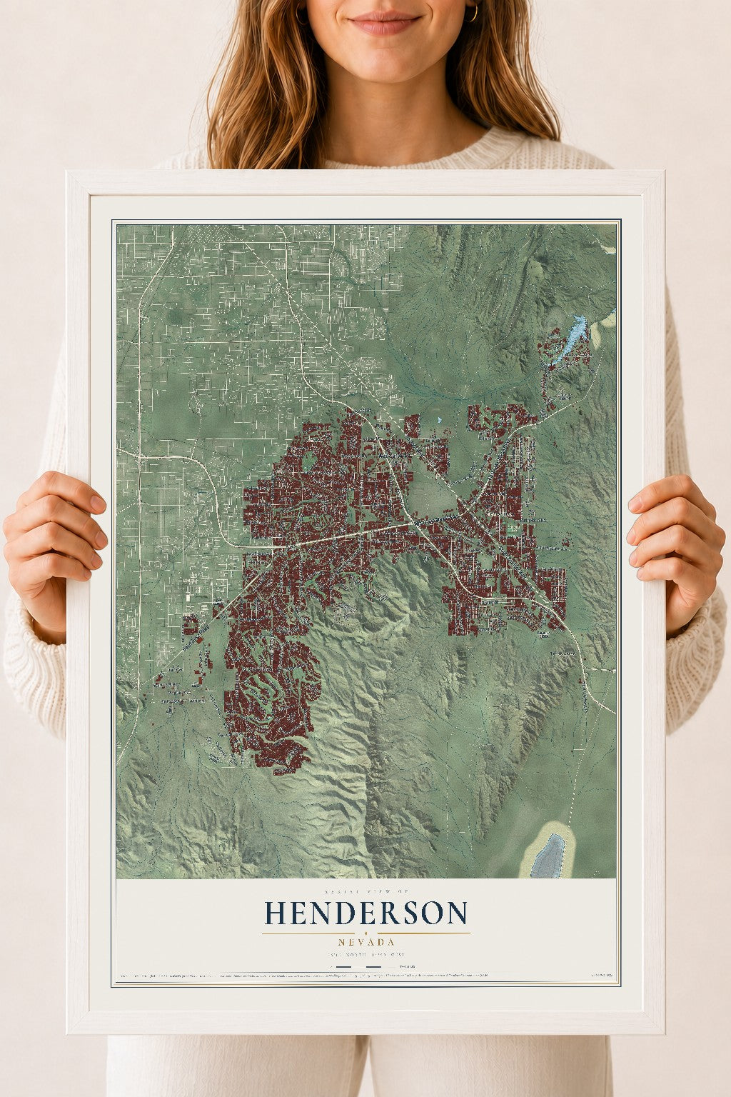 Map of Henderson, Nevada, 18 x 24 inch print in a white wood frame