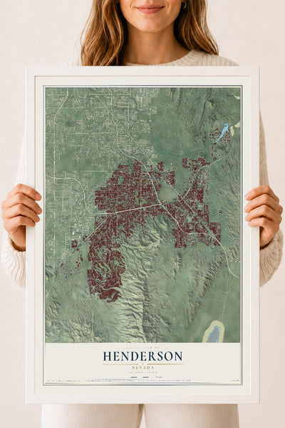 Map of Henderson, Nevada, 18 x 24 inch print in a white wood frame
