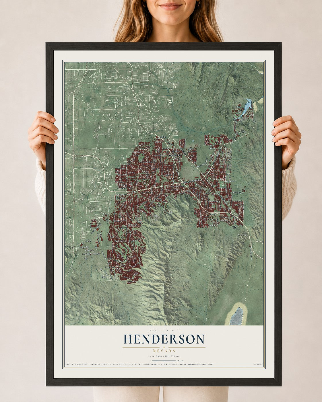 Map of Henderson, Nevada, 24 x 36 inch print in a black wood frame