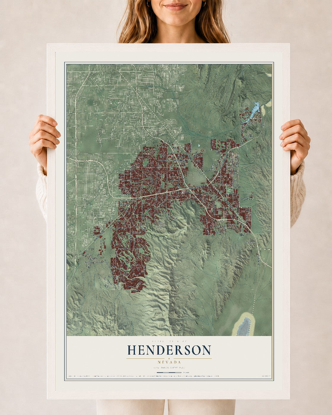 Map of Henderson, Nevada, 24 x 36 inch print in a white wood frame