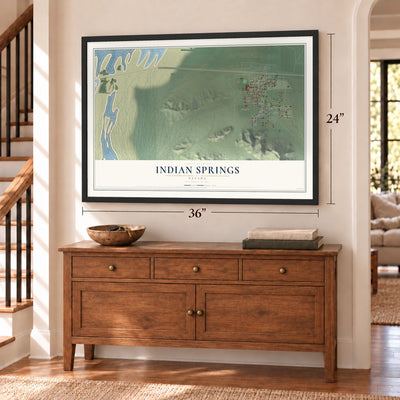 Indian Springs, Nevada map, 24 x 36 inch print in a black frame above a dresser by a staircase