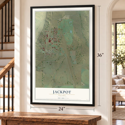 Jackpot, Nevada map, 24 x 36 inch print in a black frame by a staircase
