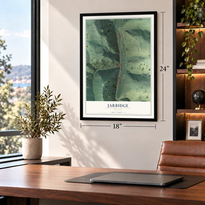 Jarbidge, Nevada map, 18 x 24 inch print in a black frame in a home office