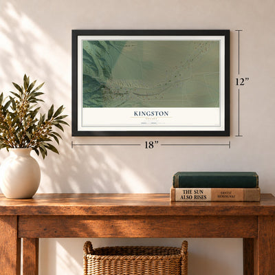 Kingston, Nevada map, 12 x 18 inch print in a black frame in an entryway