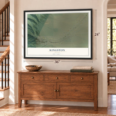 Kingston, Nevada map, 24 x 36 inch print in a black frame above a dresser by a staircase
