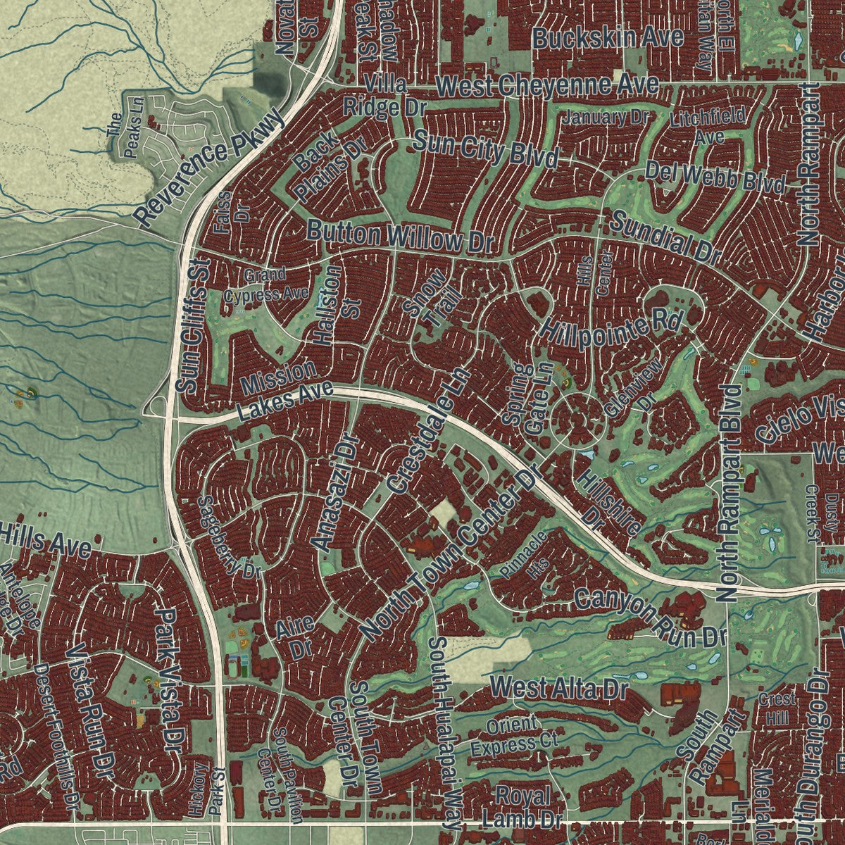 Second close-up of the map of Las Vegas, Nevada print showing more streets and buildings