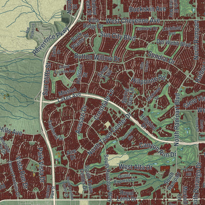 Second close-up of the map of Las Vegas, Nevada print showing more streets and buildings