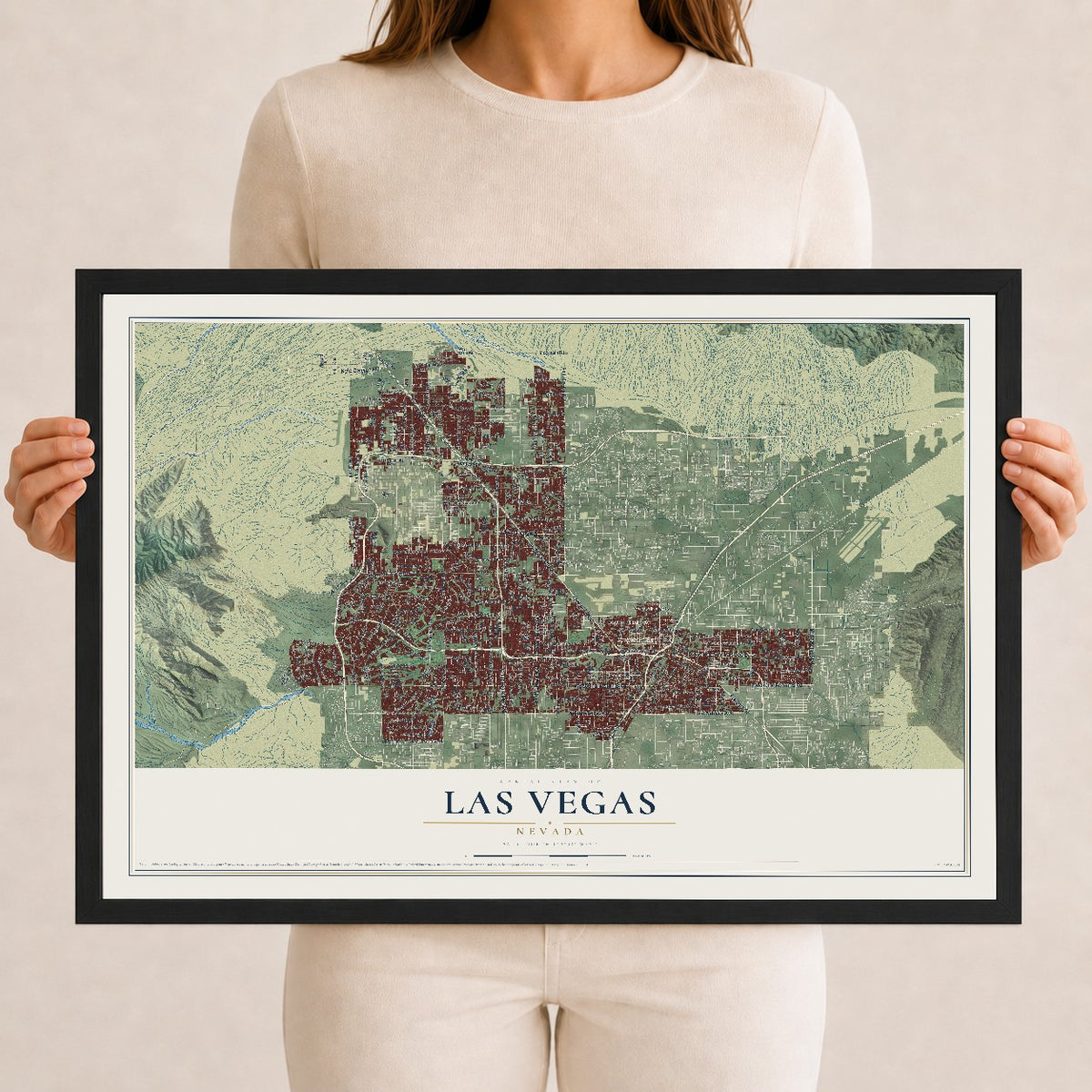 Map of Las Vegas, Nevada, 12 x 18 inch print in a black wood frame