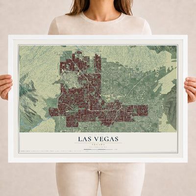 Map of Las Vegas, Nevada, 18 x 24 inch print in a white wood frame
