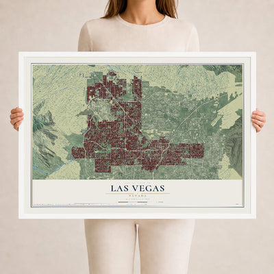 Map of Las Vegas, Nevada, 24 x 36 inch print in a white wood frame