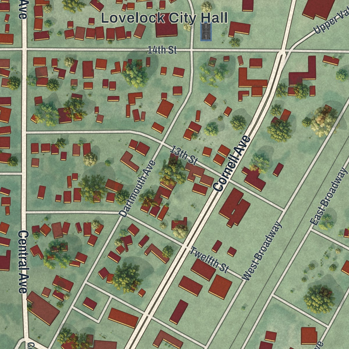 Close-up of the map of Lovelock, Nevada print showing street and building detail