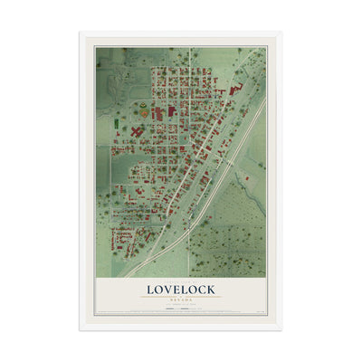 Map of Lovelock, Nevada, 12 x 18 inch print in a white wood frame