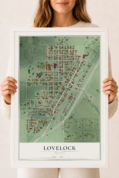 Map of Lovelock, Nevada, 18 x 24 inch print in a white wood frame