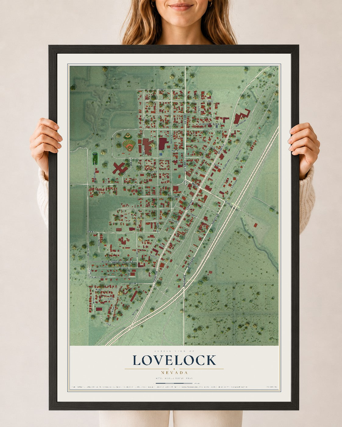 Map of Lovelock, Nevada, 24 x 36 inch print in a black wood frame