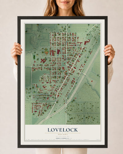 Map of Lovelock, Nevada, 24 x 36 inch print in a black wood frame