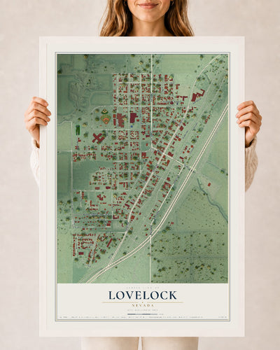 Map of Lovelock, Nevada, 24 x 36 inch print in a white wood frame