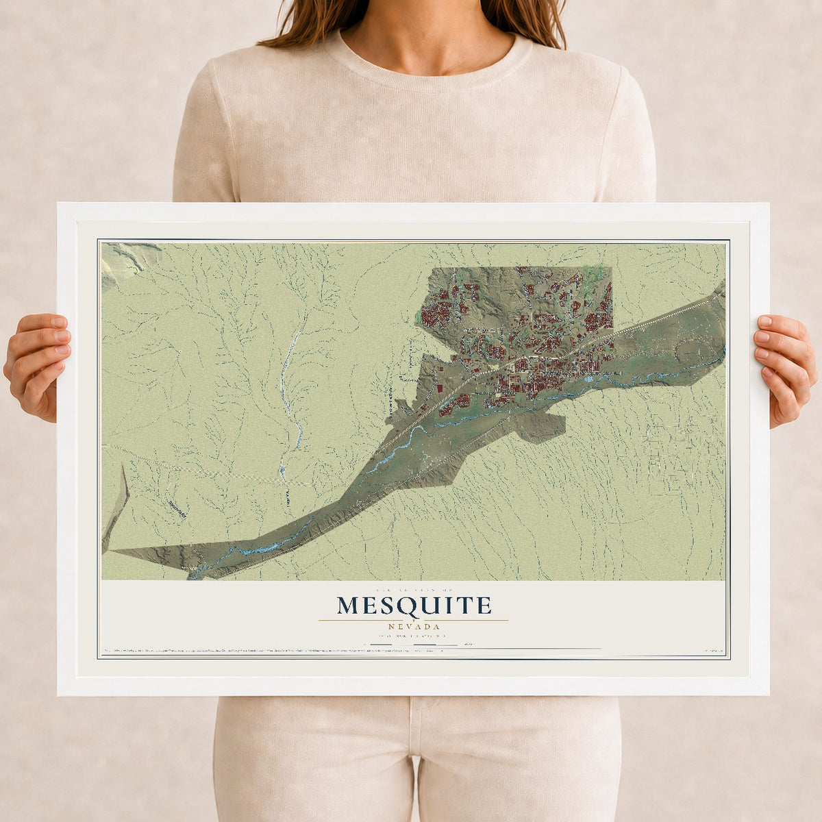 Map of Mesquite, Nevada, 12 x 18 inch print in a white wood frame