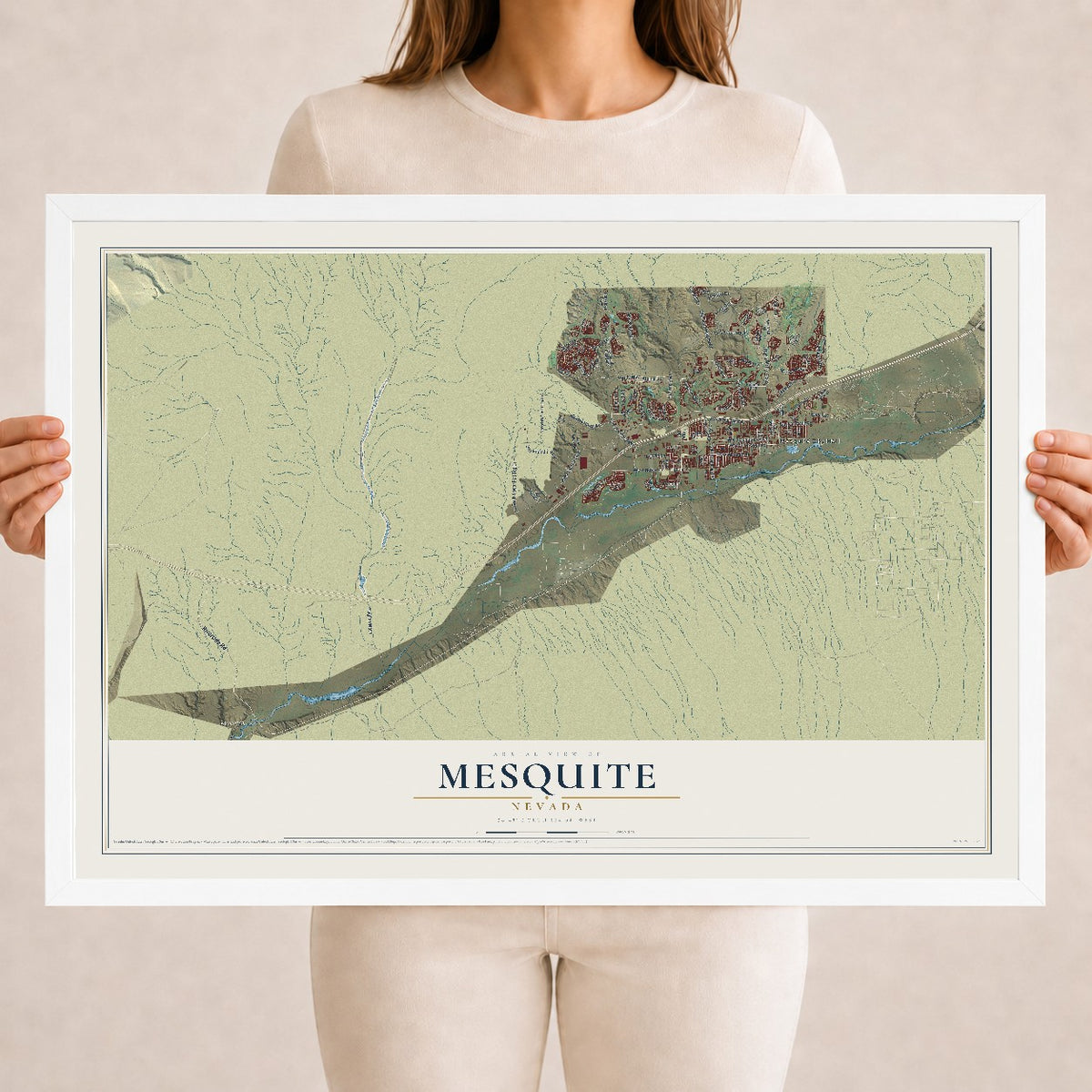 Map of Mesquite, Nevada, 18 x 24 inch print in a white wood frame