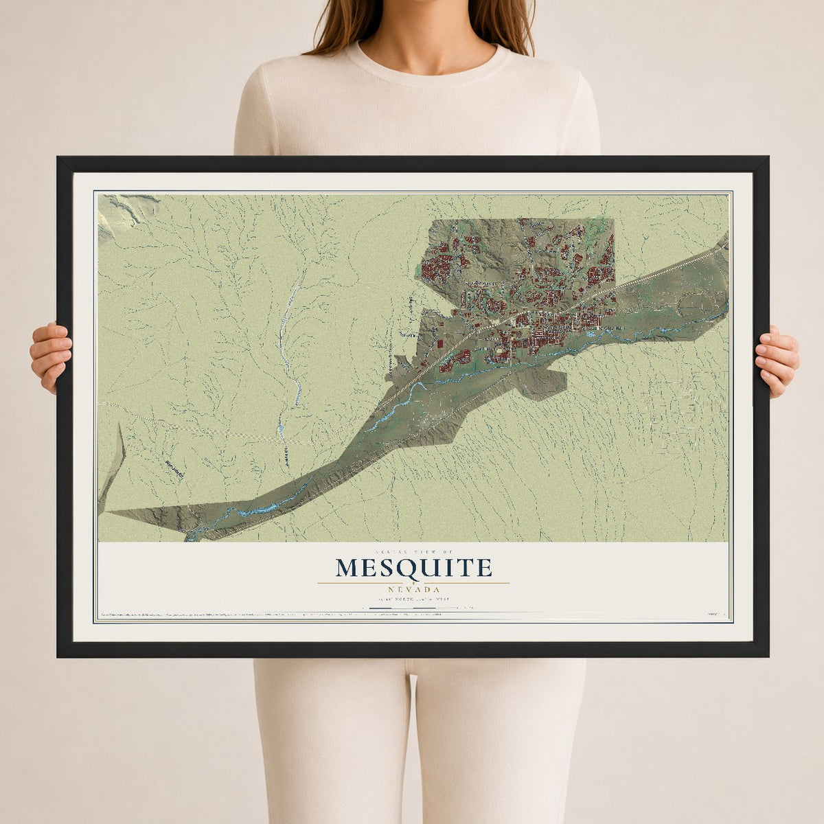 Map of Mesquite, Nevada, 24 x 36 inch print in a black wood frame