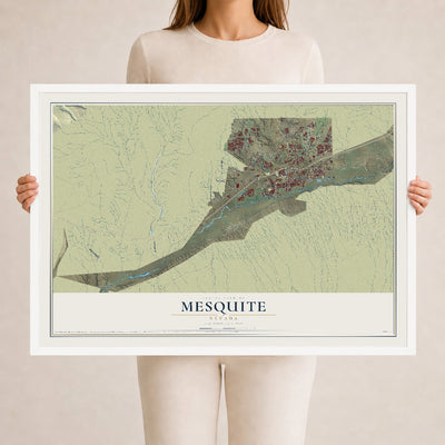 Map of Mesquite, Nevada, 24 x 36 inch print in a white wood frame
