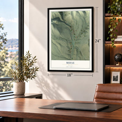 Midas, Nevada map, 18 x 24 inch print in a black frame in a home office
