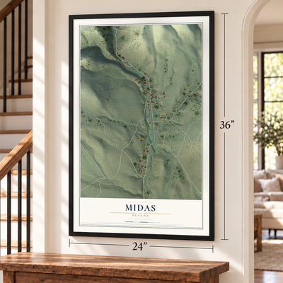 Midas, Nevada map, 24 x 36 inch print in a black frame by a staircase